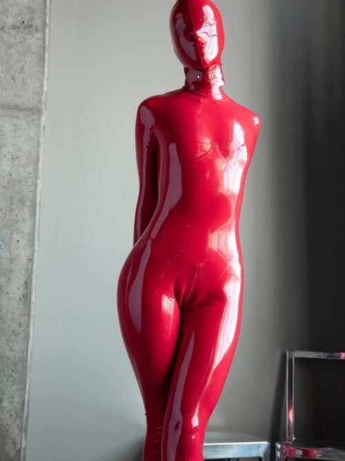 Red Full Enclosure Latex Catsuit with Hood and Collar