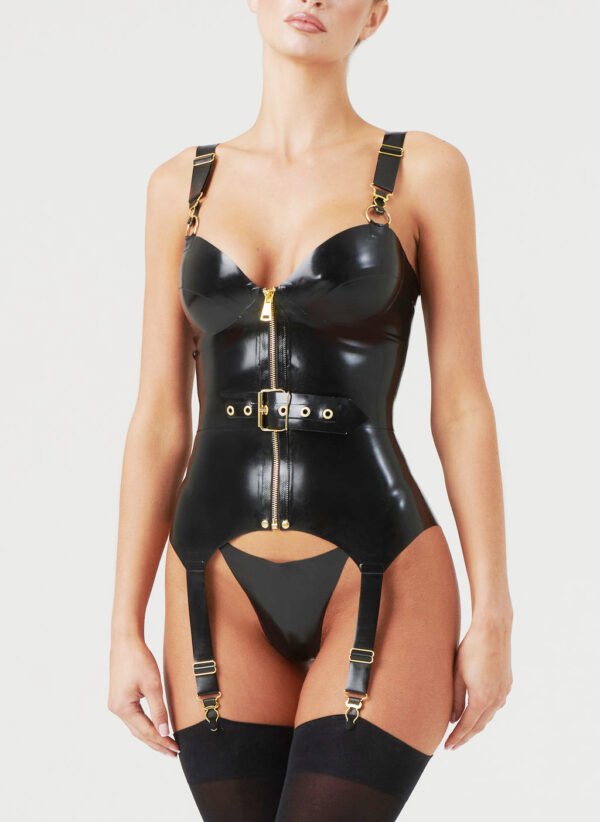 Latex Queen Harness Corset Top with Gold Zip and Belt