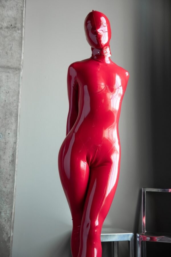 Red Full Enclosure Latex Catsuit with Hood and Collar