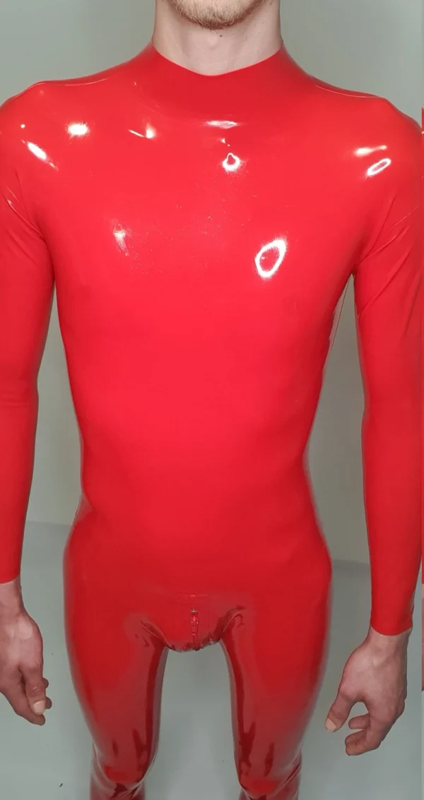 Luxe Red Latex Catsuit with Dual Zippers and 3D Contour Design