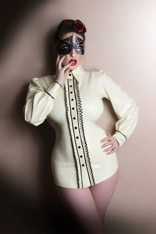 Elegant Ruffle Trim Latex Blouse with Puff Sleeves and Stud Front Closure
