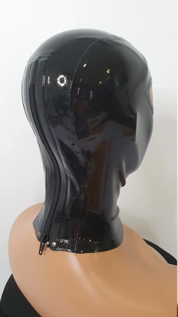 Glossy Black Latex Hood with Eye and Mouth Openings – Back Zipper & Protective Strip