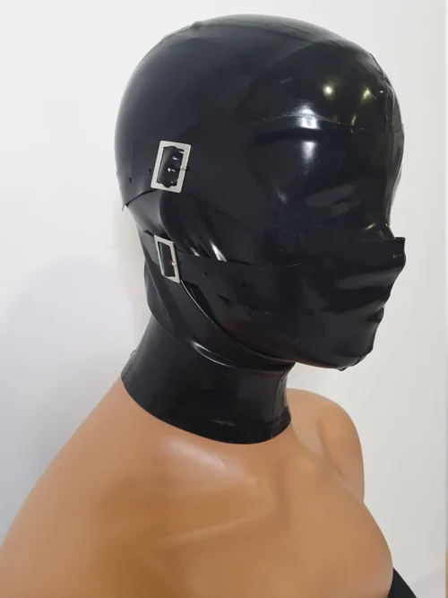 Latex Slave Hood with Removable Eye and Mouth Covers, Buckle Detail