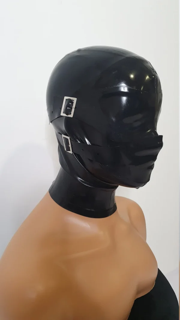 Latex Slave Hood with Removable Eye and Mouth Covers, Buckle Detail