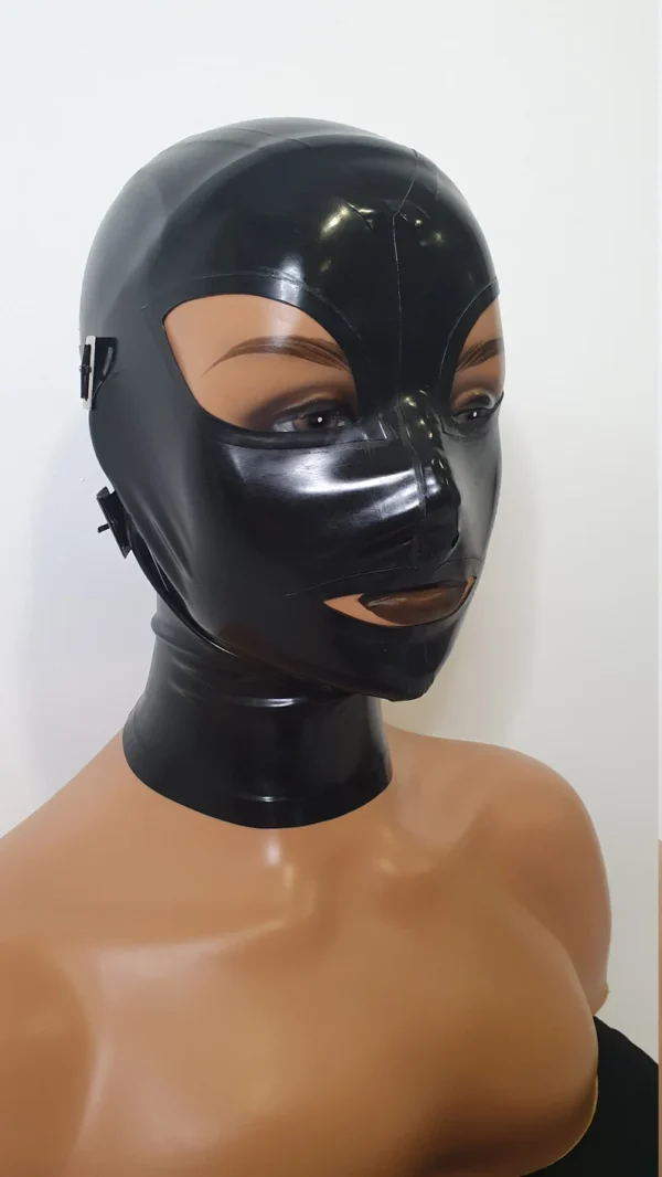 Latex Slave Hood with Removable Eye and Mouth Covers, Buckle Detail