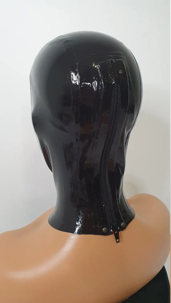 Glossy Black Latex Hood with Eye and Mouth Openings – Back Zipper & Protective Strip