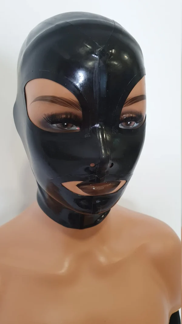 Glossy Black Latex Hood with Eye and Mouth Openings – Back Zipper & Protective Strip