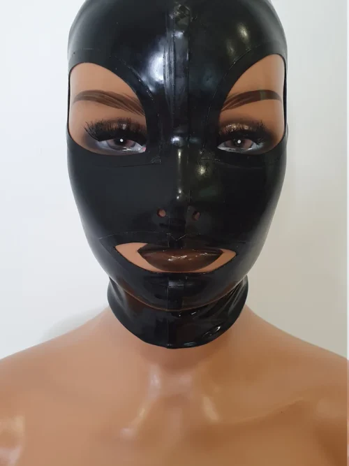 Glossy Black Latex Hood with Eye and Mouth Openings – Back Zipper & Protective Strip