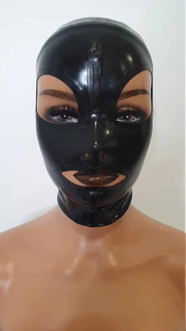Glossy Black Latex Hood with Eye and Mouth Openings – Back Zipper & Protective Strip