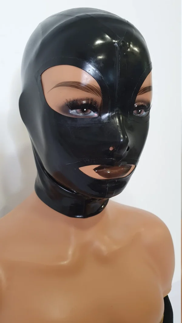 Glossy Black Latex Hood with Eye and Mouth Openings – Back Zipper & Protective Strip