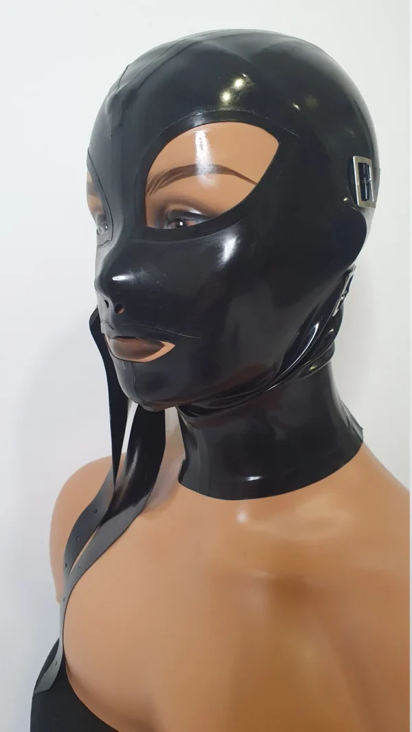 Latex Slave Hood with Removable Eye and Mouth Covers, Buckle Detail