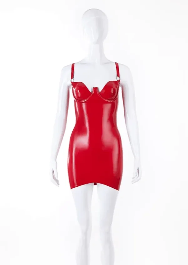 Casandra Red Latex Mini Dress with Underwired Cups and O-Ring Straps