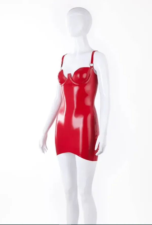 Casandra Red Latex Mini Dress with Underwired Cups and O-Ring Straps
