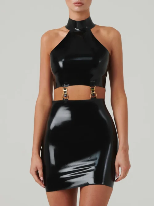 Sleek High Neck Latex Dress with Waist Cutouts and Gold Hardware