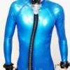 Orion Metallic Blue Latex Catsuit – Triple Zipper, Bondage-Ready Design, 0.4mm