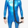 Orion Metallic Blue Latex Catsuit – Triple Zipper, Bondage-Ready Design, 0.4mm