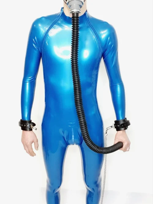 Orion Metallic Blue Latex Catsuit – Triple Zipper, Bondage-Ready Design, 0.4mm