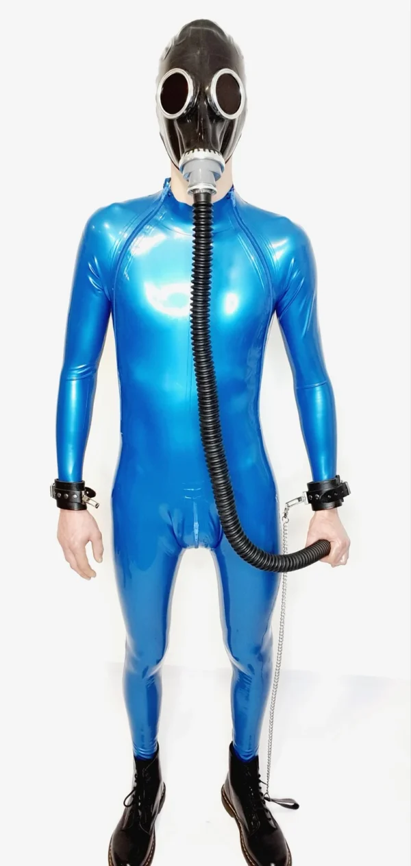 Orion Metallic Blue Latex Catsuit – Triple Zipper, Bondage-Ready Design, 0.4mm