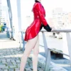 Elegant Red Latex Tailcoat Jacket with Black Collar and Button Cuffs