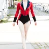 Elegant Red Latex Tailcoat Jacket with Black Collar and Button Cuffs