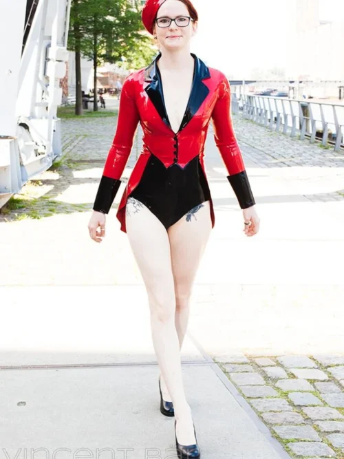 Elegant Red Latex Tailcoat Jacket with Black Collar and Button Cuffs