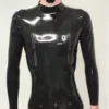 Naka Black Latex Catsuit with Zippered Chest & Snap Crotch Panel – High Collar Full-Body Suit
