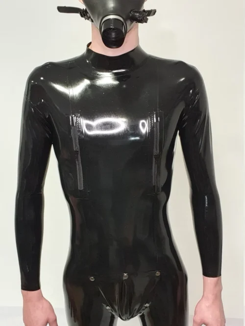 Naka Black Latex Catsuit with Zippered Chest & Snap Crotch Panel – High Collar Full-Body Suit