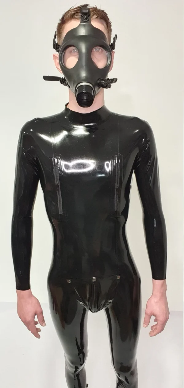 Naka Black Latex Catsuit with Zippered Chest & Snap Crotch Panel – High Collar Full-Body Suit