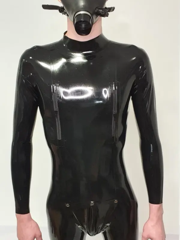 Naka Black Latex Catsuit with Zippered Chest & Snap Crotch Panel – High Collar Full-Body Suit