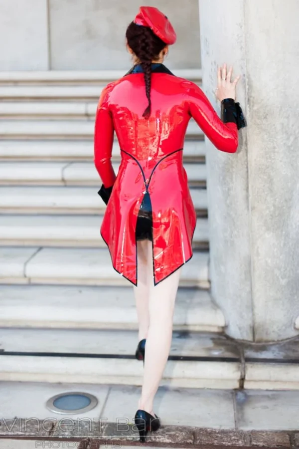 Elegant Red Latex Tailcoat Jacket with Black Collar and Button Cuffs