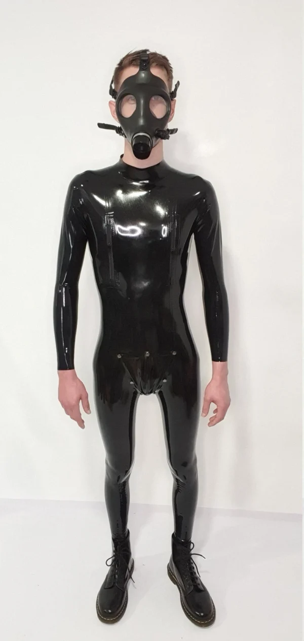 Naka Black Latex Catsuit with Zippered Chest & Snap Crotch Panel – High Collar Full-Body Suit