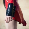 Elegant Red Latex Tailcoat Jacket with Black Collar and Button Cuffs
