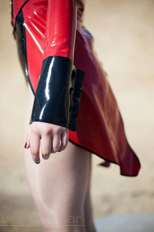 Elegant Red Latex Tailcoat Jacket with Black Collar and Button Cuffs