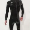 Naka Black Latex Catsuit with Zippered Chest & Snap Crotch Panel – High Collar Full-Body Suit