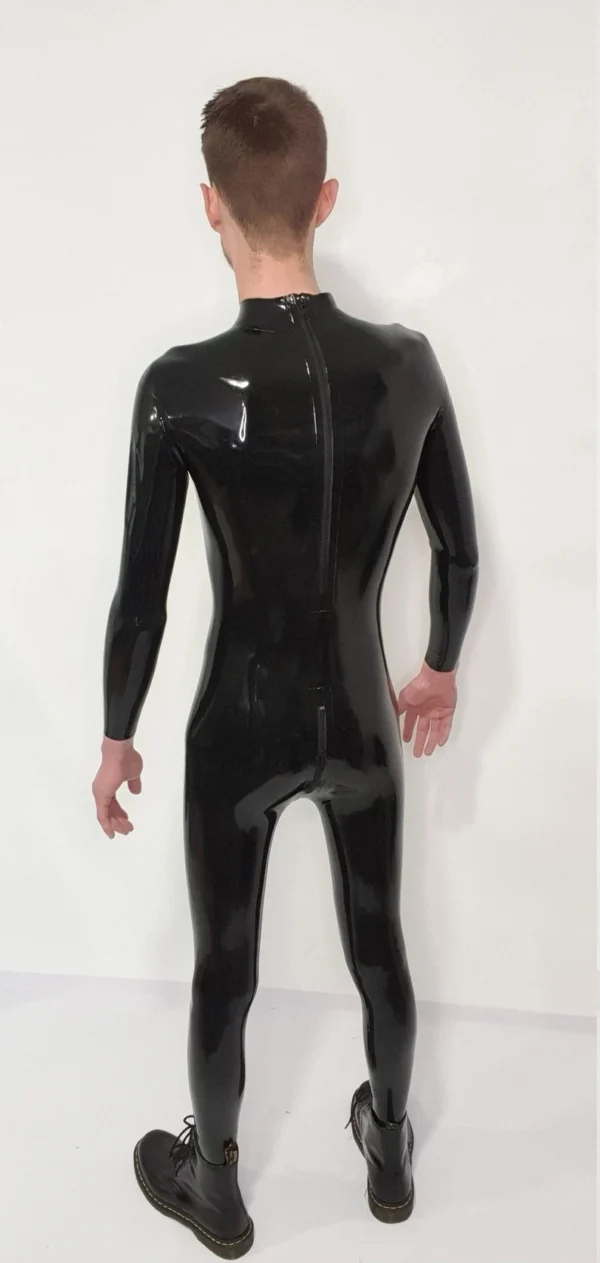 Naka Black Latex Catsuit with Zippered Chest & Snap Crotch Panel – High Collar Full-Body Suit