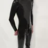 Naka Black Latex Catsuit with Zippered Chest & Snap Crotch Panel – High Collar Full-Body Suit