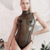 Sheer Black Latex Bodysuit with Full Back Zipper and High Neck – Sexy Transparent Latex Lingerie
