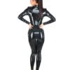 Black High-Neck Latex Catsuit with Two-Way Front Zipper and Open Feet