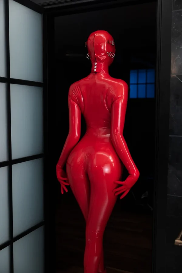Red Detachable Latex Hood with Eye Mask and Mouth Cover