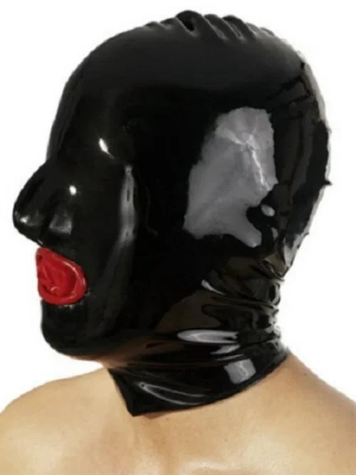 Black Latex Hood with Inflatable Mouth Plug and Rear Zipper