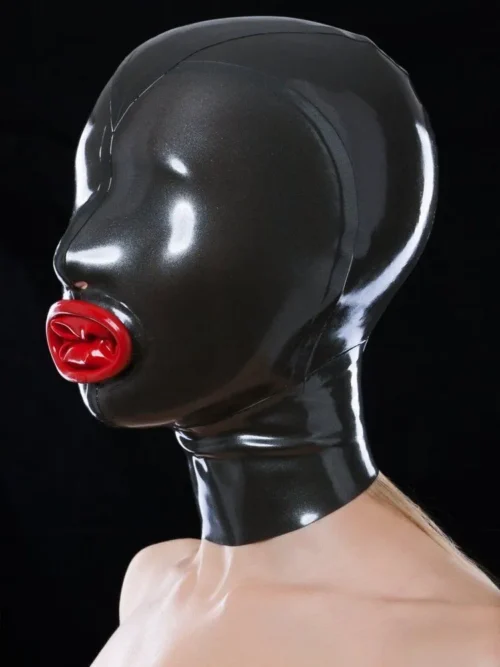 Glossy Latex Hood with Red Inflatable Gag and Rear Zipper