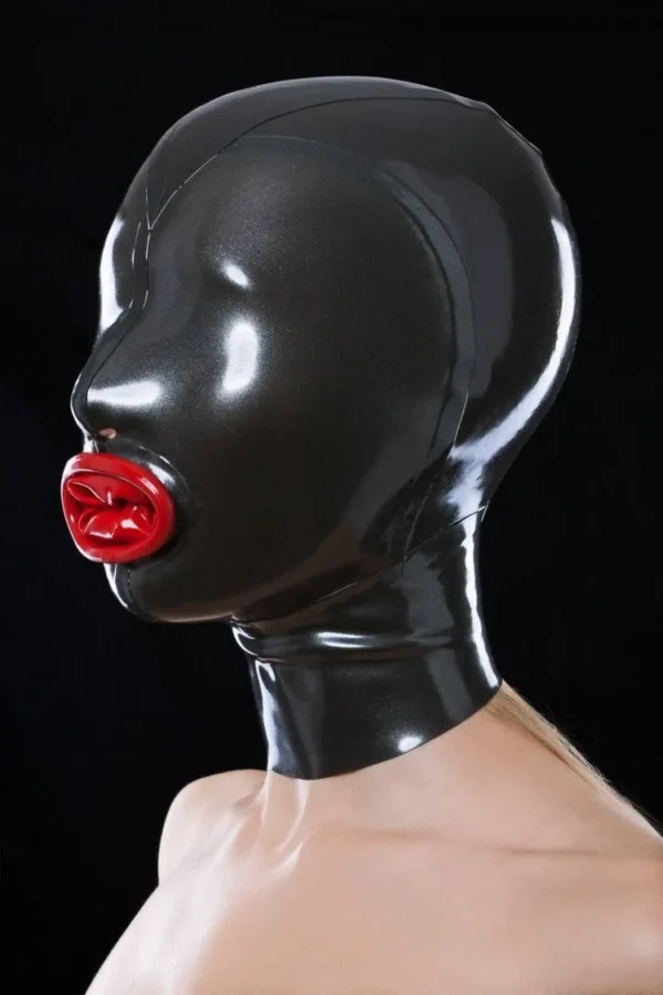Glossy Latex Hood with Red Inflatable Gag and Rear Zipper