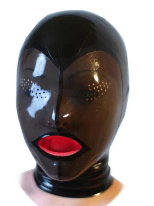 Transparent Black Latex Hood with Tongue Gag and Perforated Eyes