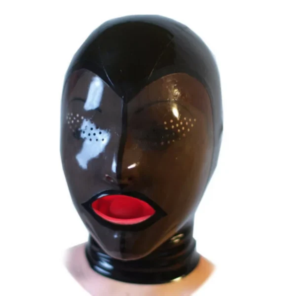 Transparent Black Latex Hood with Tongue Gag and Perforated Eyes