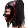 Black Latex Hood with Double Pigtail Tubes and Red Contrast Trim