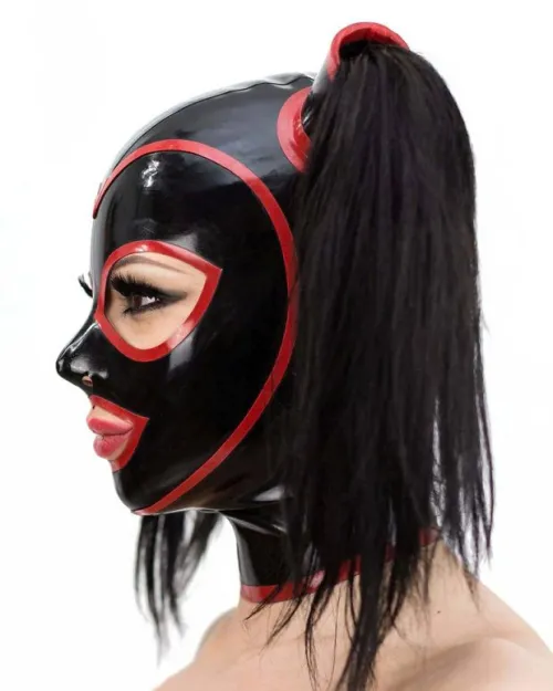 Black Latex Hood with Double Pigtail Tubes and Red Contrast Trim