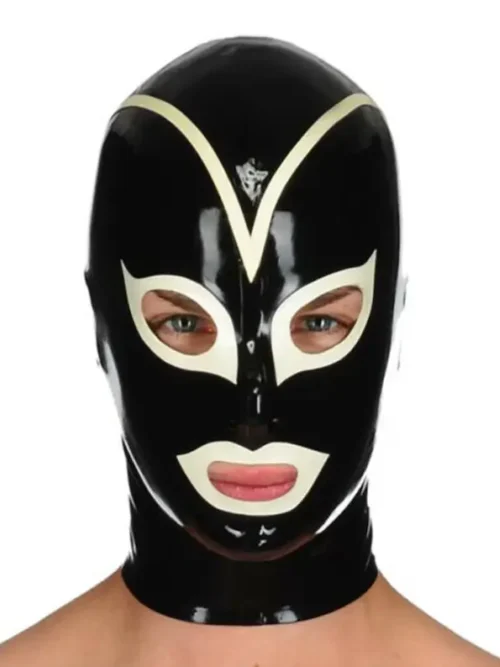 Black & White Latex Hood with Contrast Trim and Rear Zipper