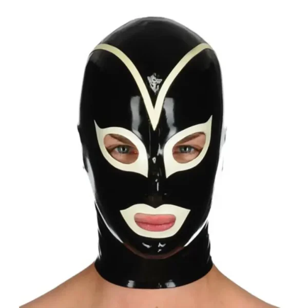 Black & White Latex Hood with Contrast Trim and Rear Zipper