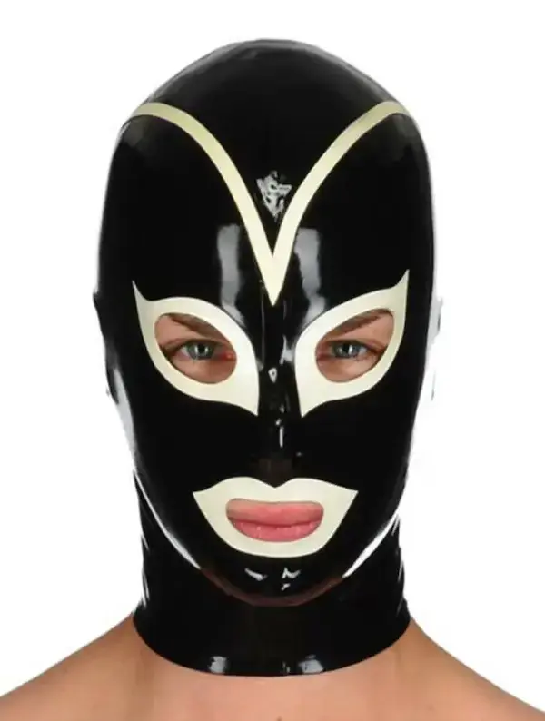 Black & White Latex Hood with Contrast Trim and Rear Zipper