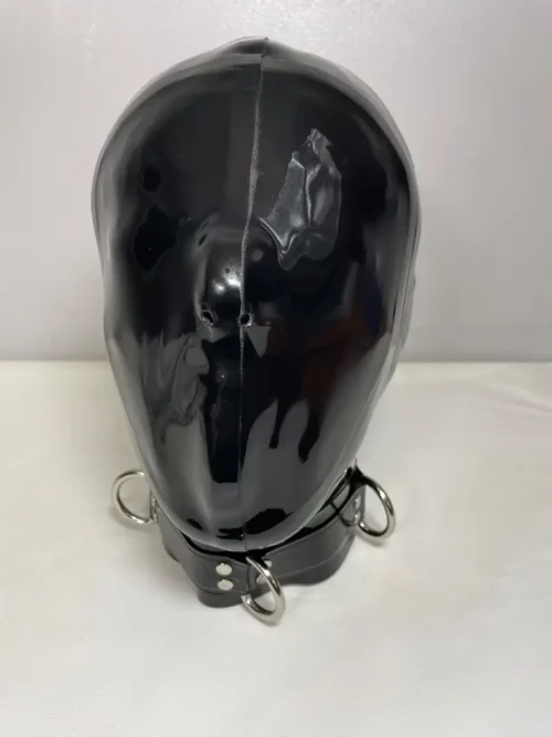 Latex Full-Face Hood with Hidden Eyes and Collar – 0.4mm Rubber with Back Zipper